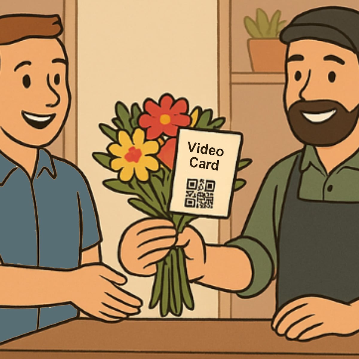 The customer buys a card with their flowers
